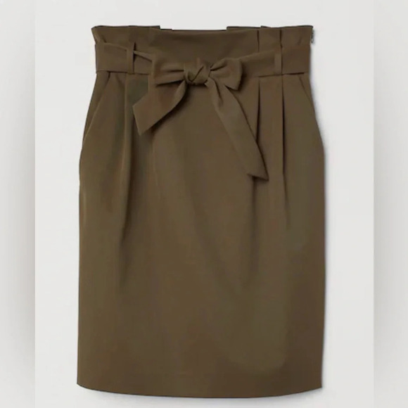 H&M Women’s Dark Khaki Green Above the Knee Pencil Skirt with Tie Belt size 2 - Picture 1 of 8